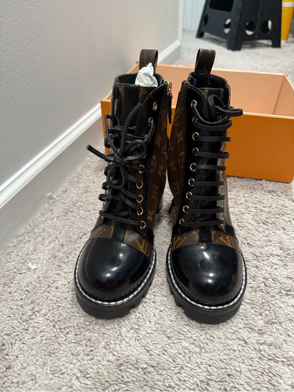 Louis Vuitton Brown Monogram & Black Lace-Up Combat Boots